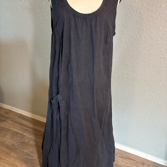 FLAX Midi Blue Linen Dress  Pocket Sleeveless Boho - Picture 2 of 8